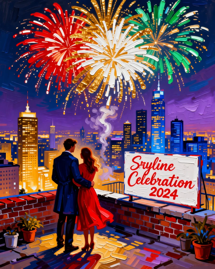 A couple watching fireworks together from a rooftop overlooking a glowing city skyline