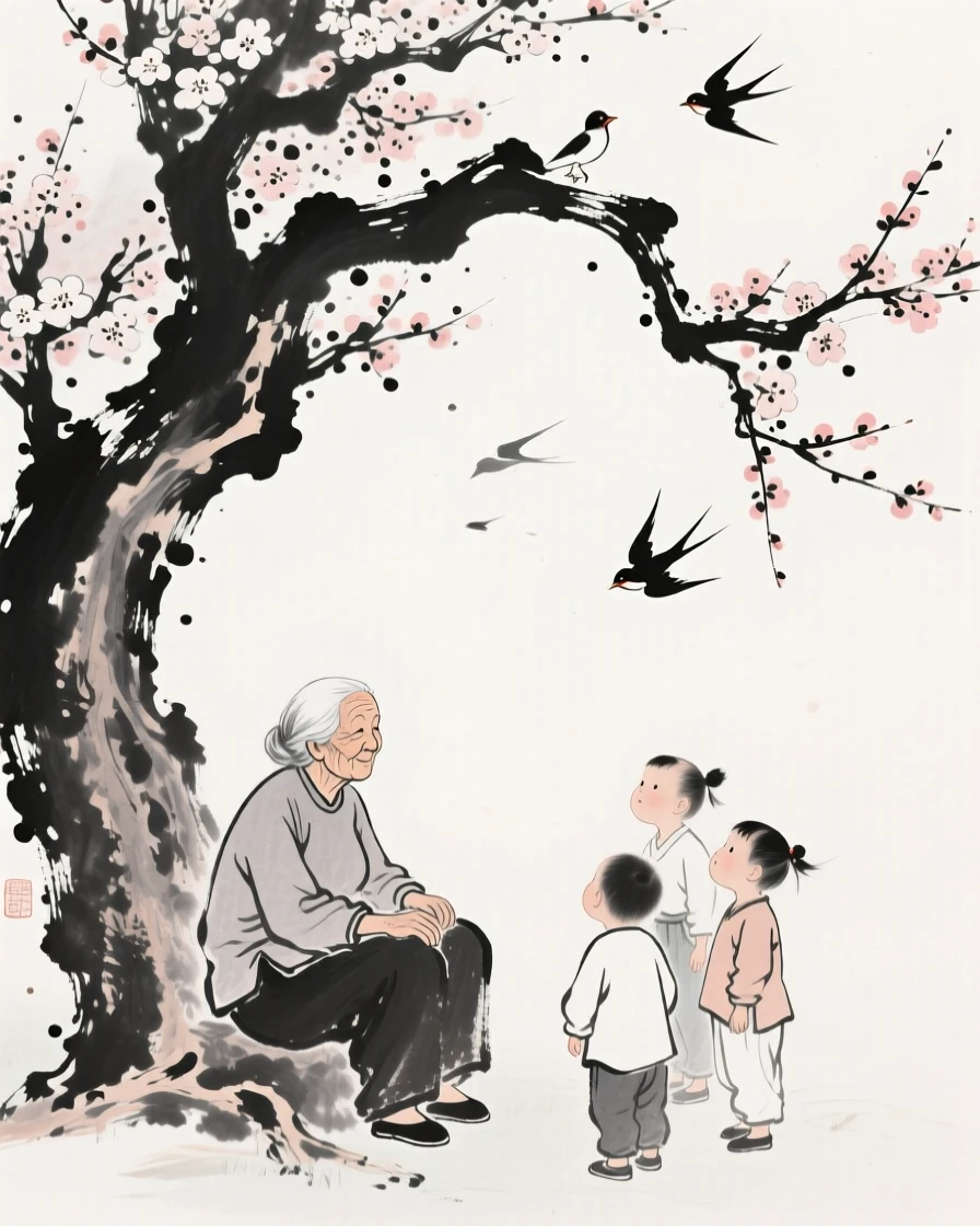 A grandmother tells a story to her grandchildren beneath a blossoming tree, as birdsong fills the quiet morning air.