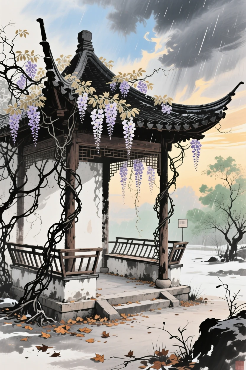 An abandoned garden pavilion reclaimed gently by wisteria vines, under clearing skies after a storm, in the mild days of early winter, in the last golden light of day.