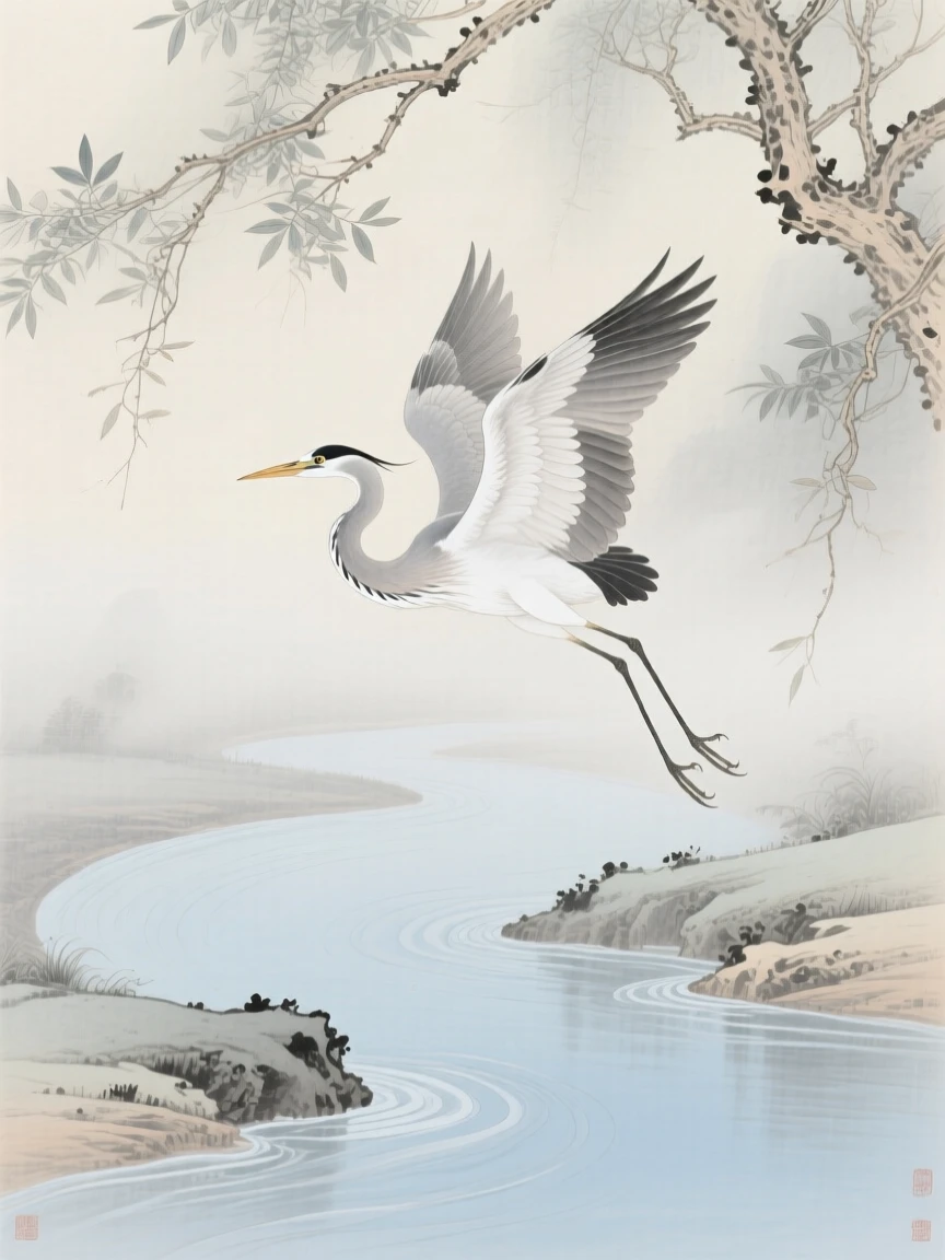 A heron taking flight over a misty river bend, soft morning light filtering through the branches