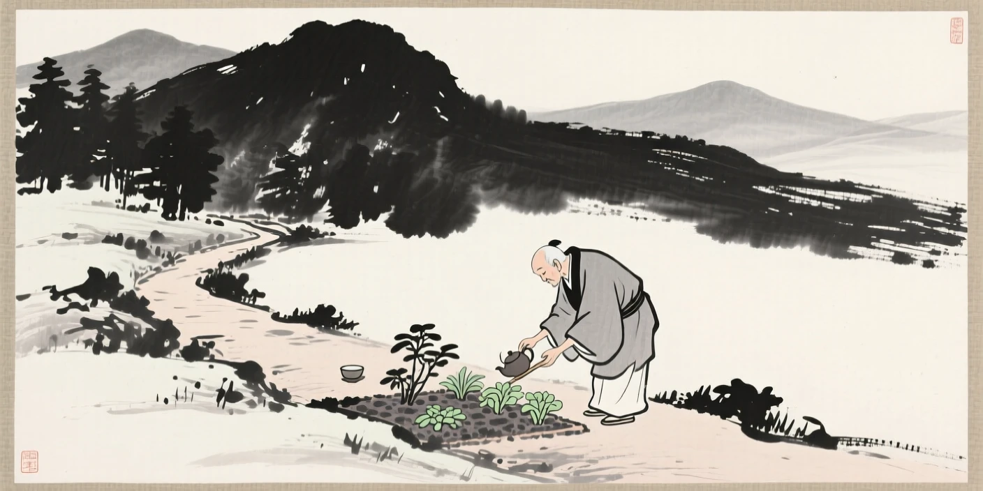 A tea master tending to a small garden plot along a quiet mountain trail, framed small within a vast, quiet landscape, carrying a tender sense of familial warmth.