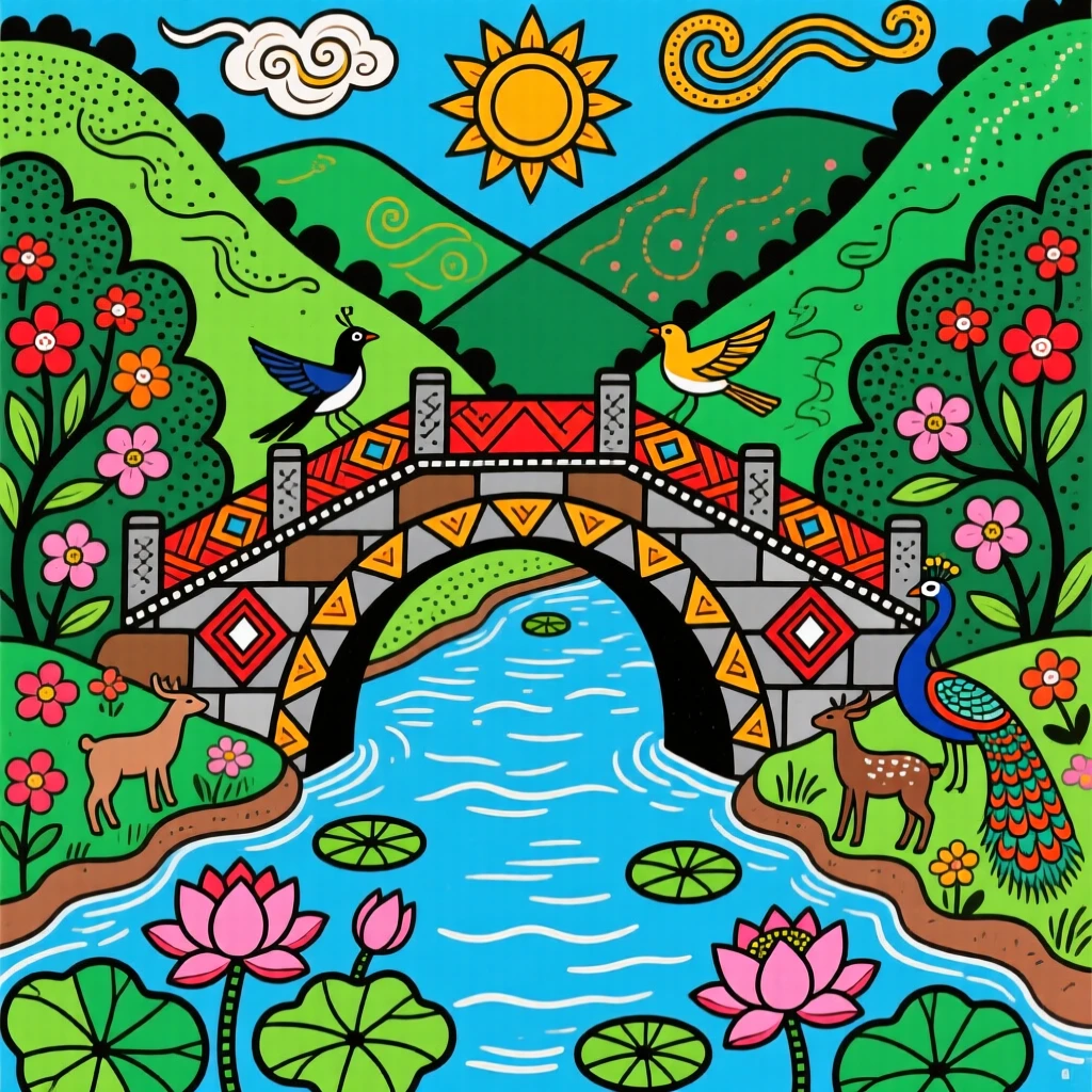 A stone bridge arching over a quiet stream in a green valley.