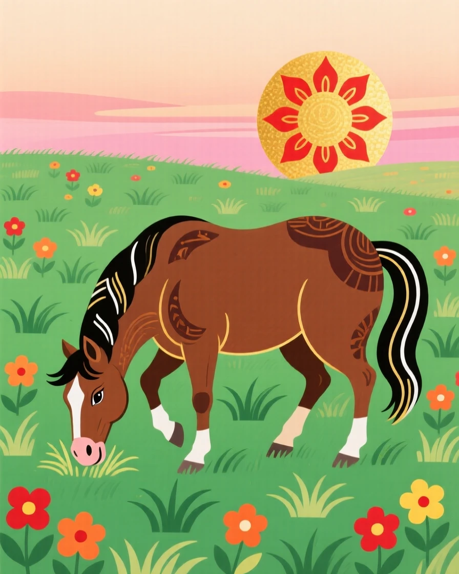 A spirited brown horse grazing in a green pasture at dawn.
