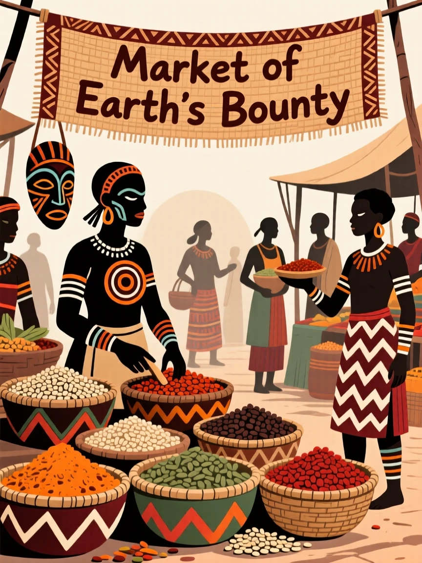 A marketplace with spices and grains displayed in woven bowls.