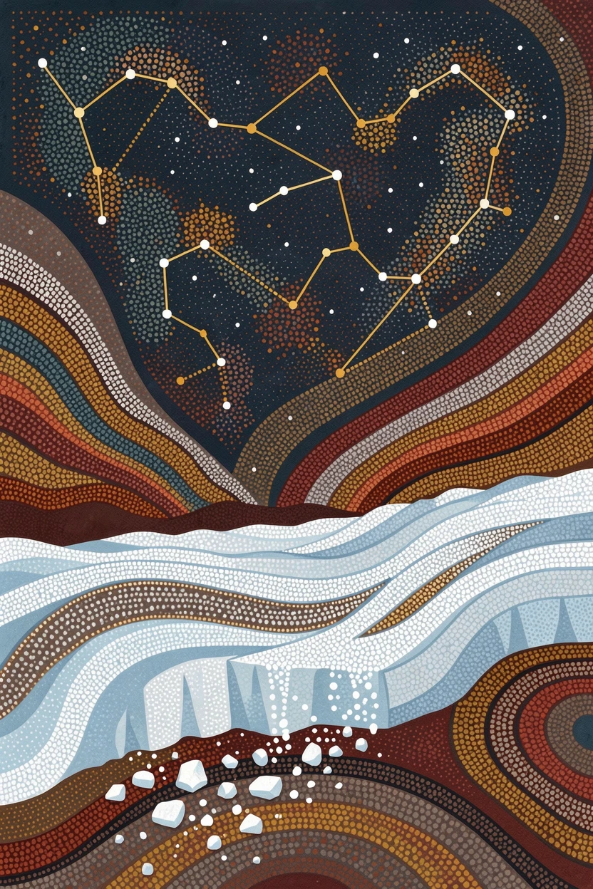 A calving glacier beneath a starry night sky