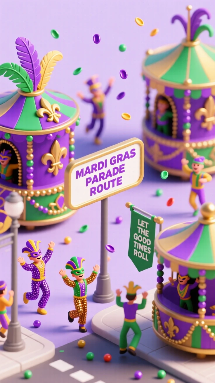 A Mardi Gras parade with colorful floats, beads flying through the air, and masked revelers dancing in vibrant costumes.