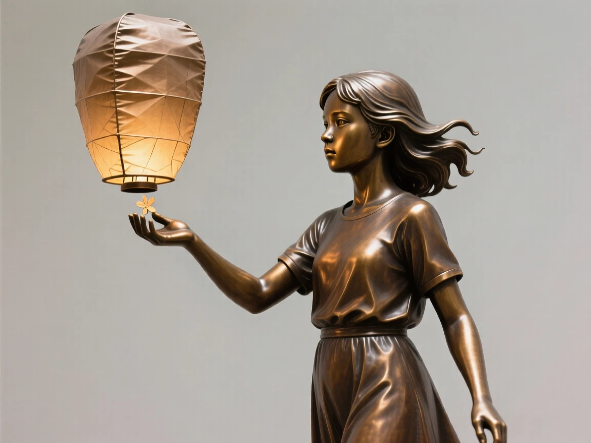 A young girl releasing a paper lantern, with an expression of quiet determination, forming a strong central focal point