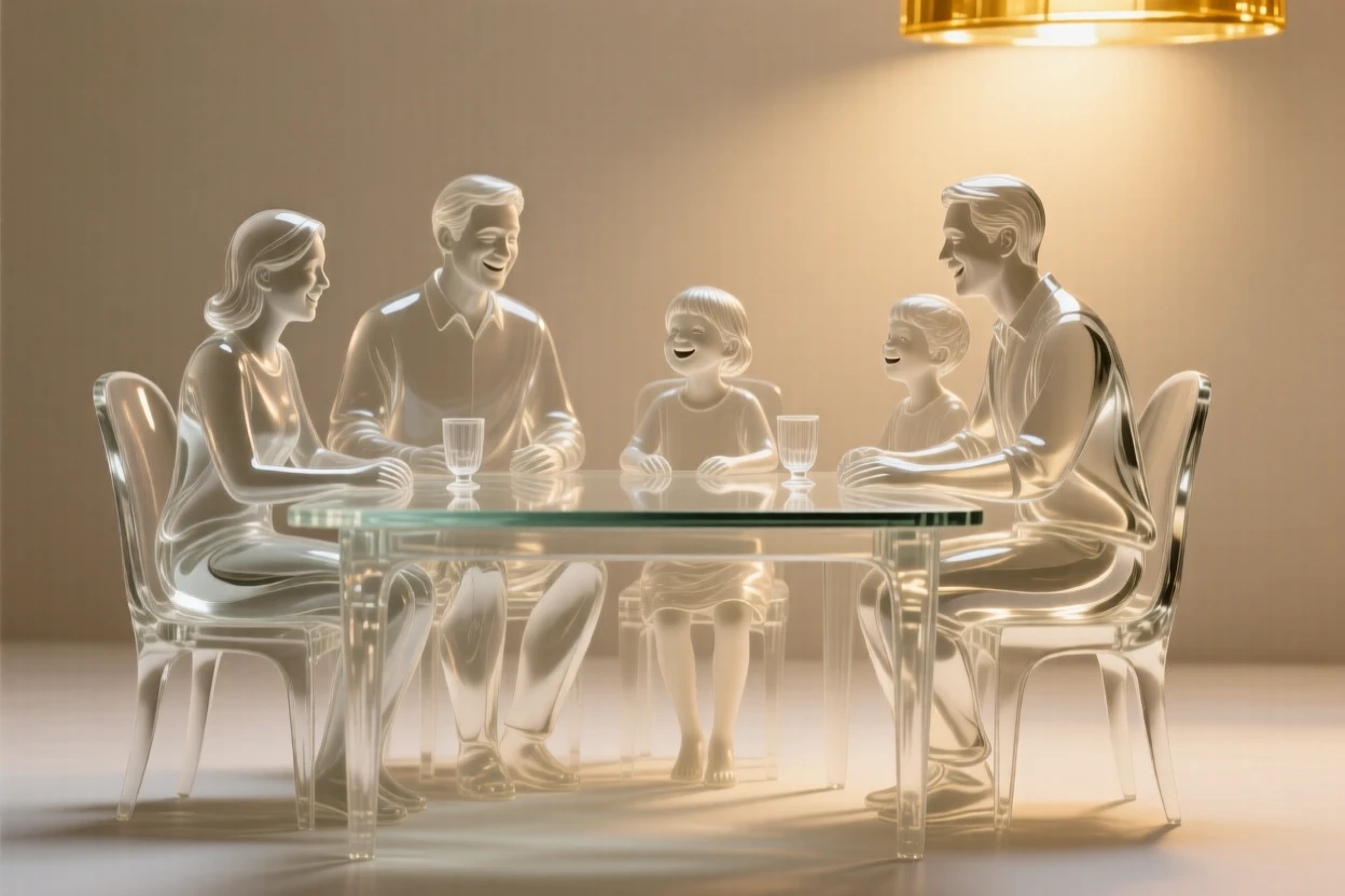 As gentle laughter fills the air around them, a family gathered together around a warmly lit table, while a warm light settles over the whole scene