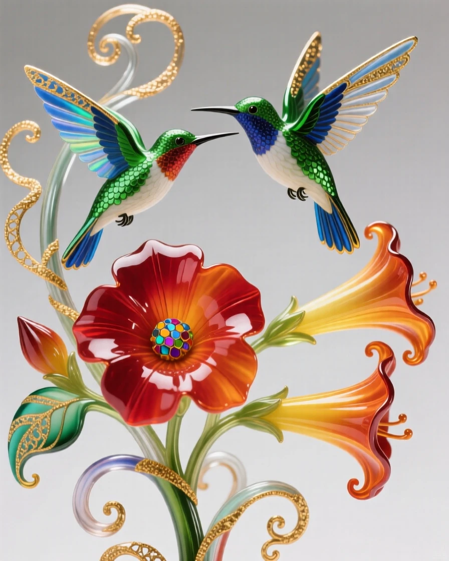 A pair of hummingbirds hovering beside a blooming trumpet vine, delicate and vivid.