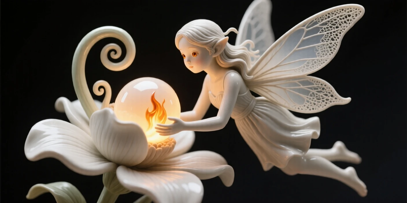 A fairy hovering above a blooming flower coiled protectively around a glowing orb, its eyes glowing with an inner fire, stirring a sense of awe and quiet reverence.