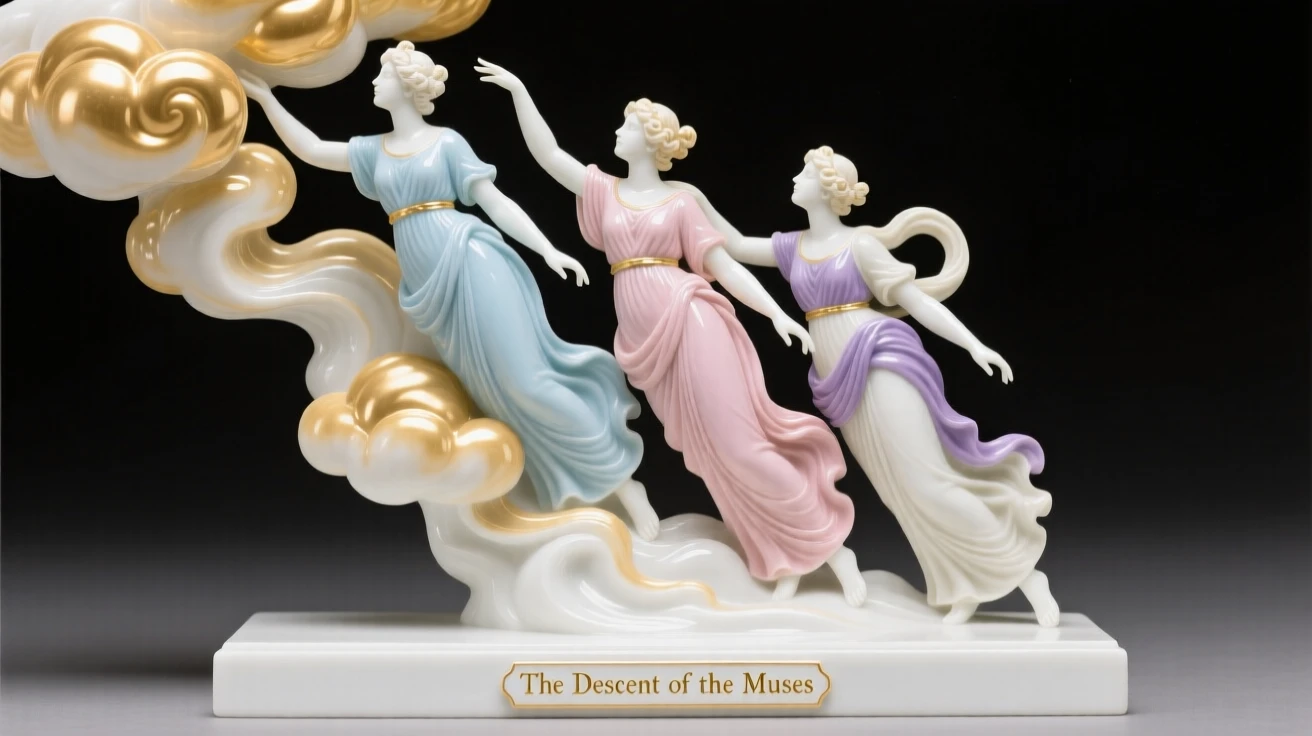 A mythological moment: the Greek muses descending from golden clouds, rendered with timeless, classical grace.