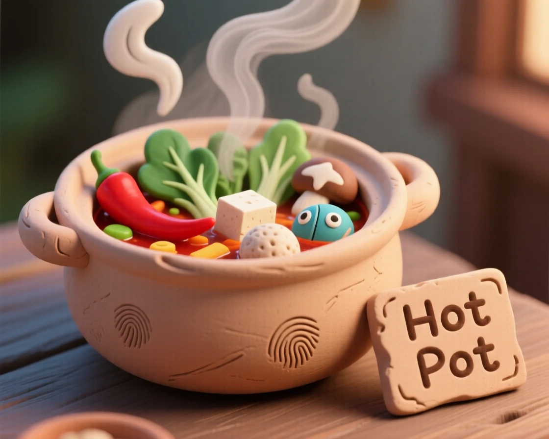 A steaming pot of hot pot with colorful ingredients simmering