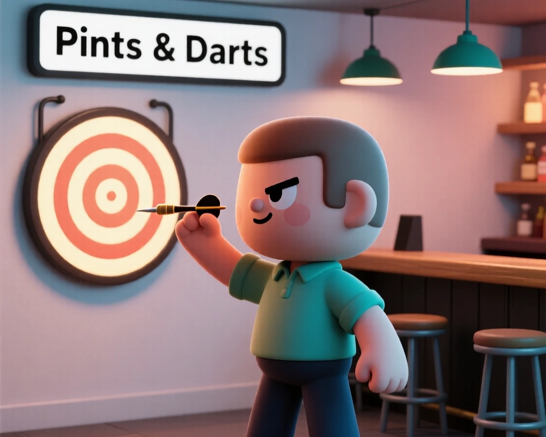 A focused darts player squints one eye, aiming carefully at a glowing target board in a lively pub.