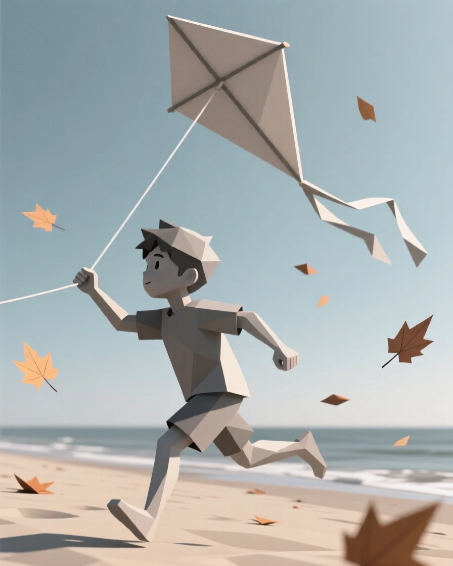 A young boy flying a kite on a windy beach, beneath falling autumn leaves. the framing emphasizes motion and energy. The atmosphere feels calm and reflective.