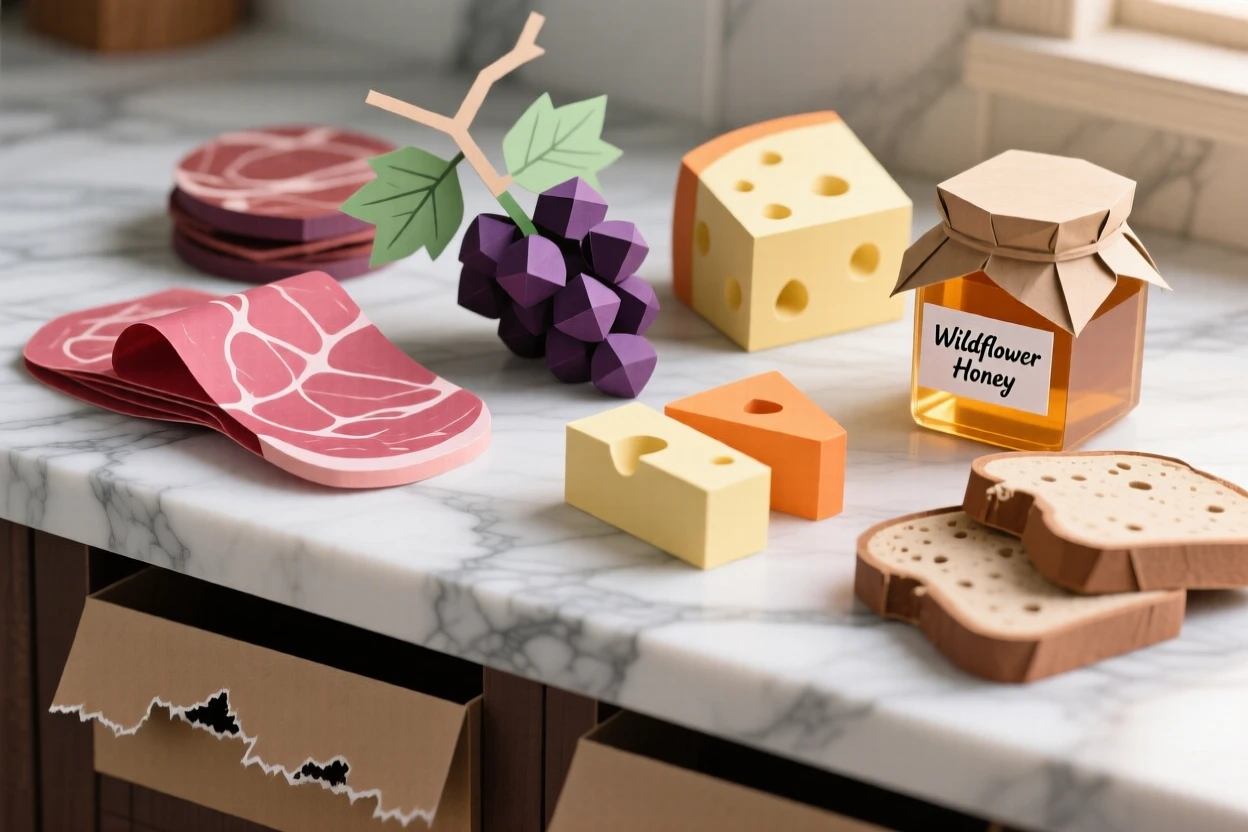 A rustic charcuterie spread displayed on an elegant marble counter, with soft natural light highlighting rich colors, capturing the artistry of fine cuisine.