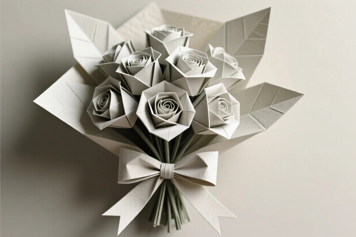 An elegant rose bouquet tied with a ribbon, rendered as a centered focal composition.