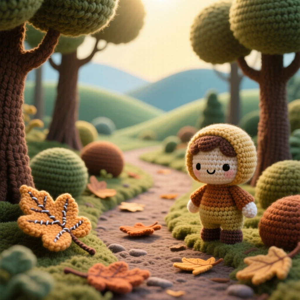 A tranquil view of a quiet forest path lit by scattered sunbeams, carpeted in soft fallen leaves, winding gently toward a hidden clearing, framed by distant rolling hills, with a soft beam of light breaking through the trees, evoking quiet wonder at the wild world.