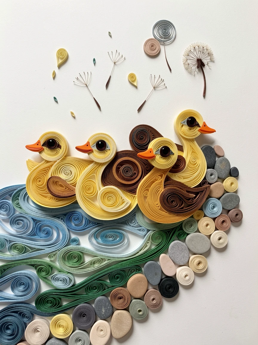 a duckling family paddling in a neat row near a babbling brook lined with pebbles, accented with a few floating dandelion seeds, with a shallow sense of depth drawing focus to the eyes.