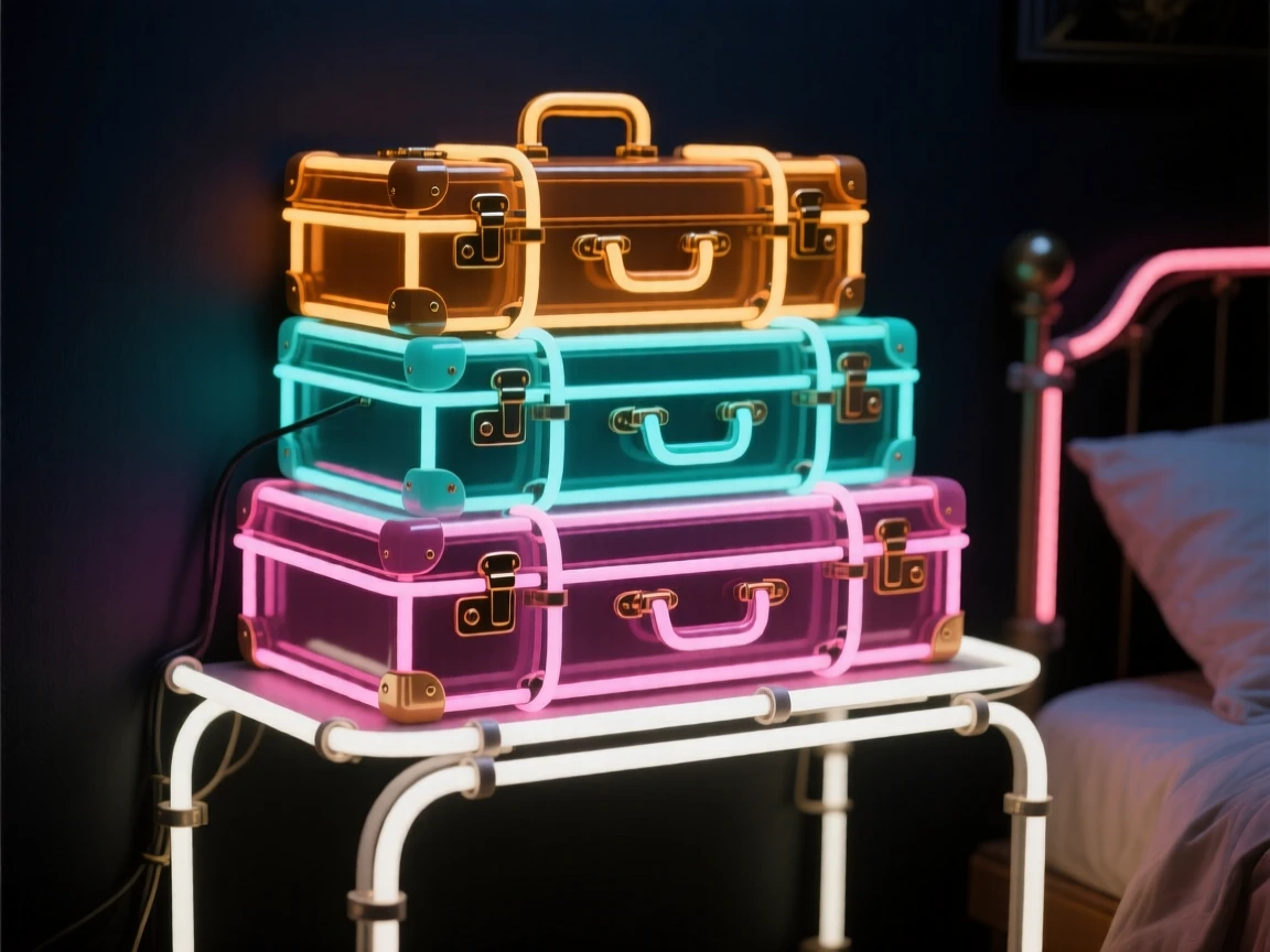 A stack of vintage suitcases used as a bedside table.