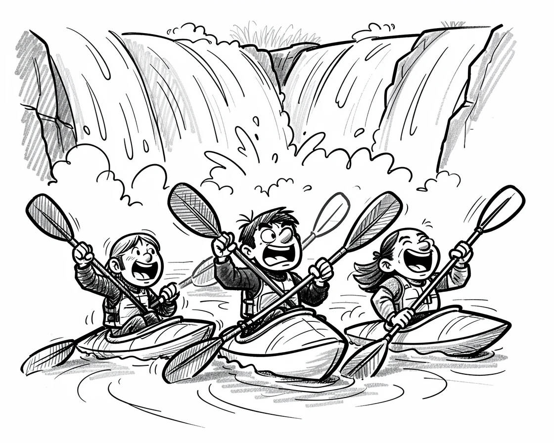 A group of kayakers paddling down a river beside a rushing waterfall.
