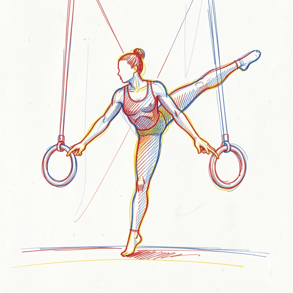 A gymnast balancing perfectly on the rings, muscles taut with control