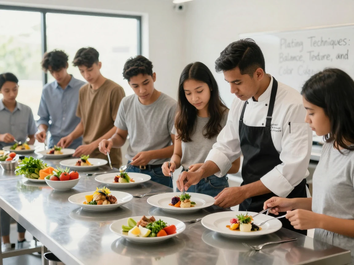 A cooking class with students learning to plate dishes