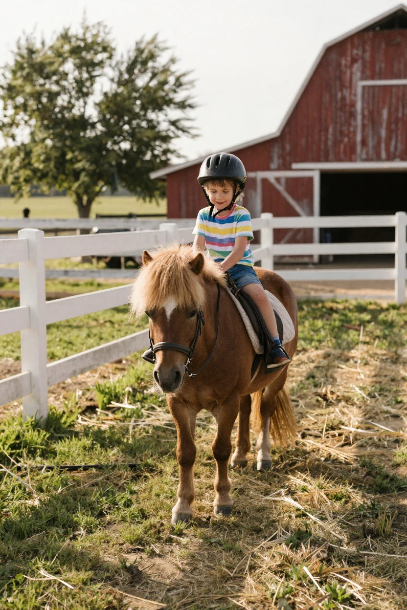 A pony gives a small child a slow, careful ride around a paddock.