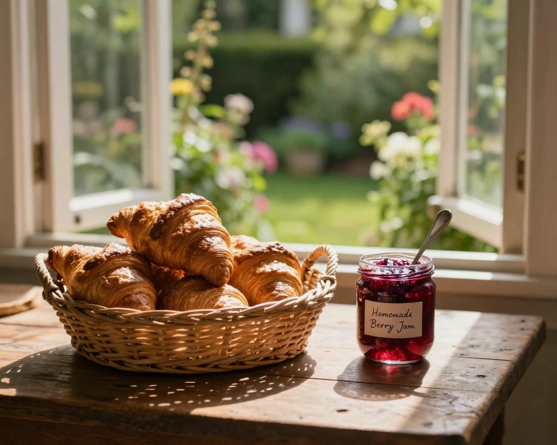 A basket of warm croissants beside a jar of berry jam, ready to be shared, beside an open window overlooking the garden