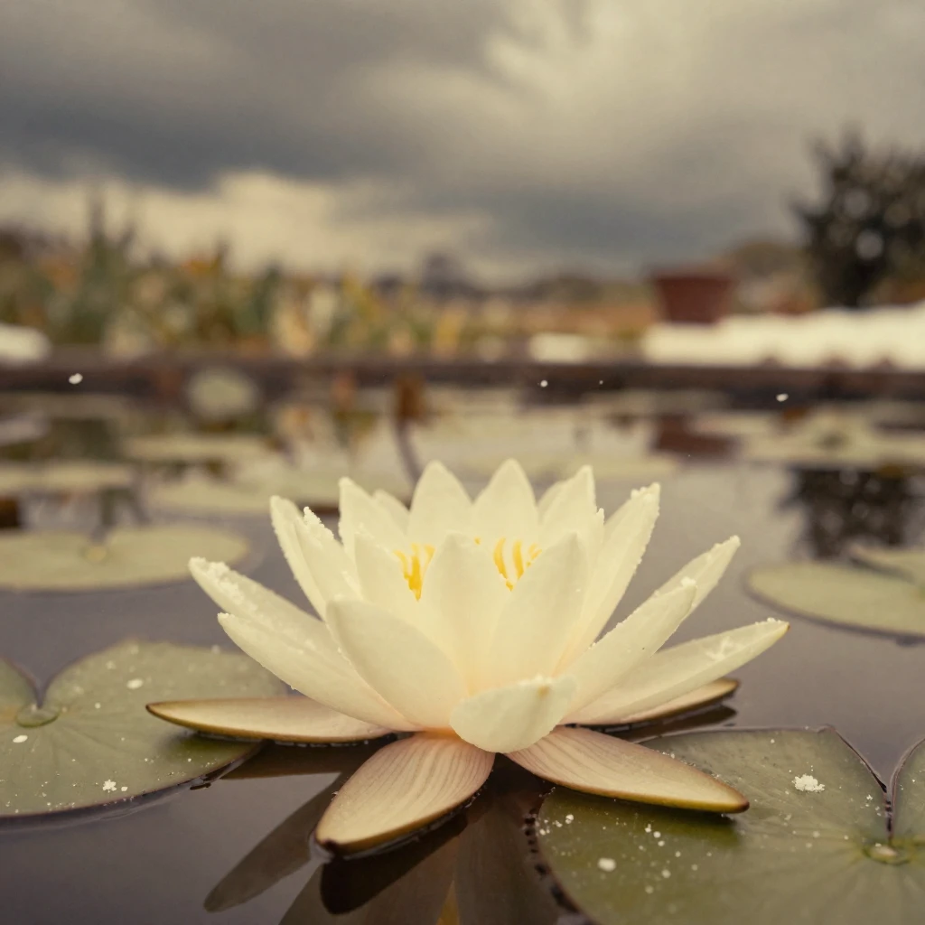A single water lily floating on a still garden pond, in gentle diffused daylight, under a darkening storm sky, under the first snow of winter, in warm honey and cream tones, from behind, looking toward the horizon.