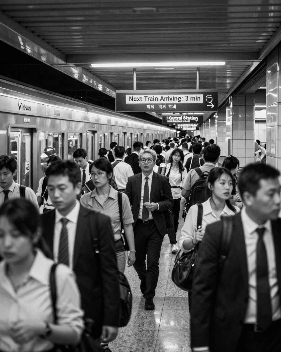 A busy subway station fills with the rush of arriving trains in a vibrant Asian metropolis.