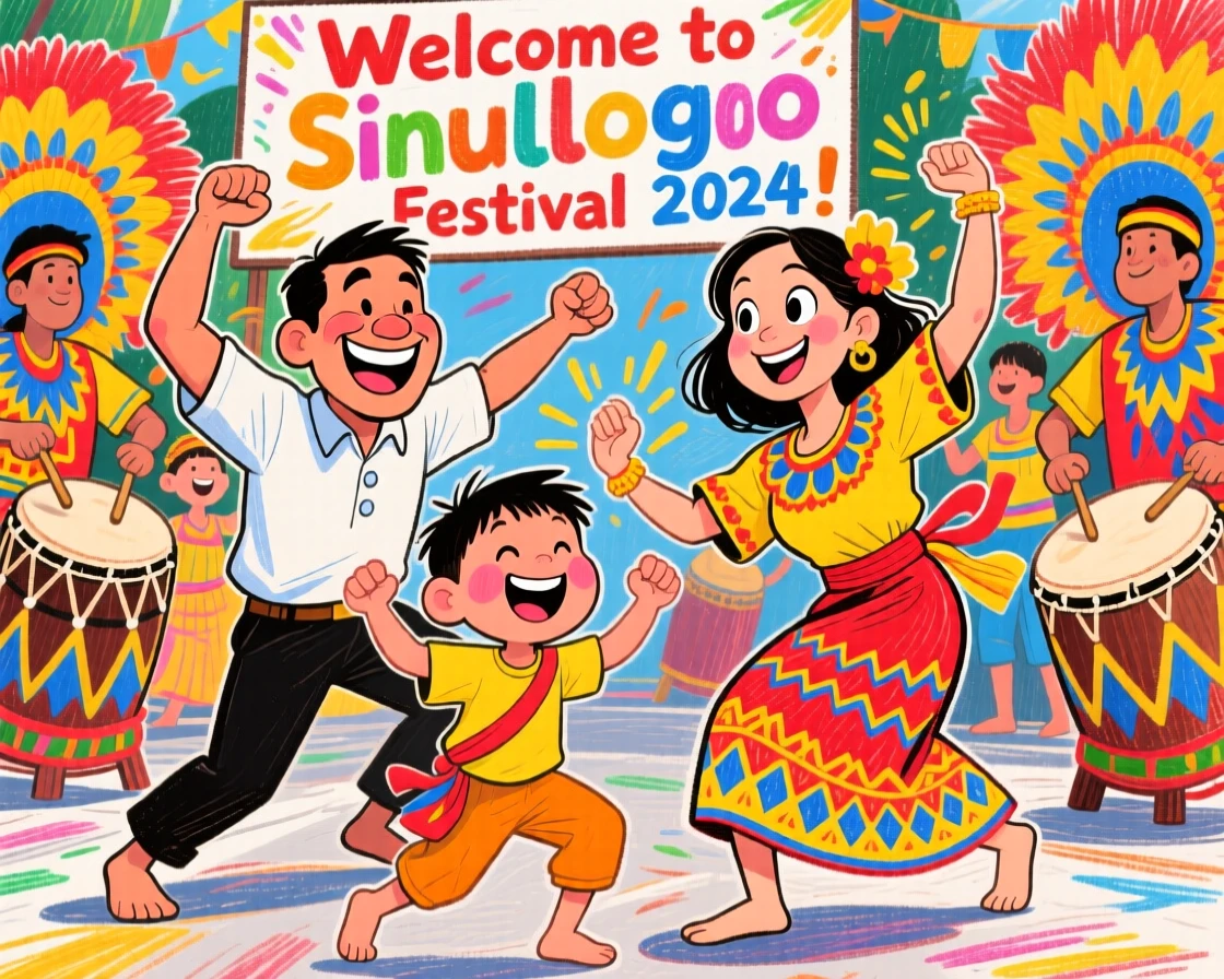 A Filipino family celebrating Sinulog with vibrant street dancing and drums.