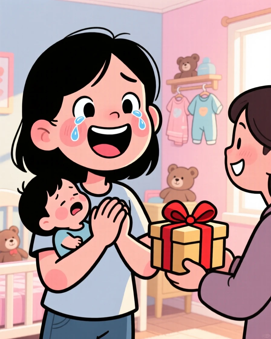 A heartwarming moment depicting a new parent receiving a surprise that brings happy tears, with hands clasped tightly together.