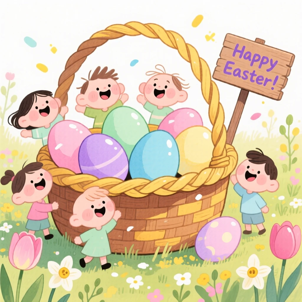 A joyful celebration scene of an Easter basket filled with pastel eggs in a spring garden, sparkling with celebratory energy