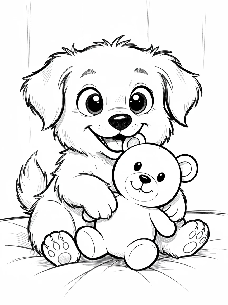 [Cute Animals & Pets] Adorable scene of a fluffy puppy cuddling with a stuffed toy, bursting with charm and playful energy