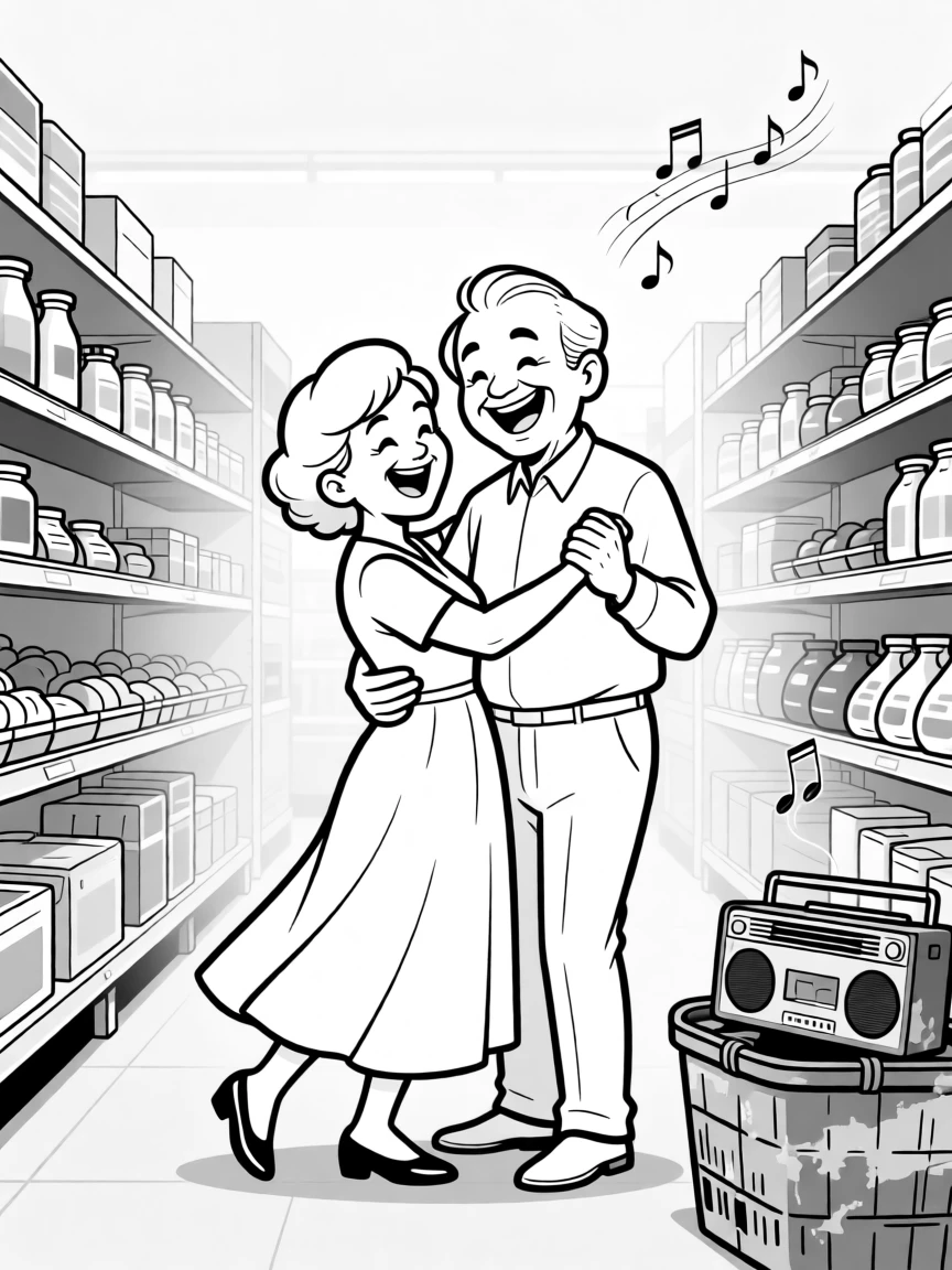 An elderly couple slow dancing in their kitchen, pulling ridiculous faces for the camera, set in a bright, busy supermarket aisle. A paint-stained radio plays faintly in the background. The image glows with easy, unforced affection.