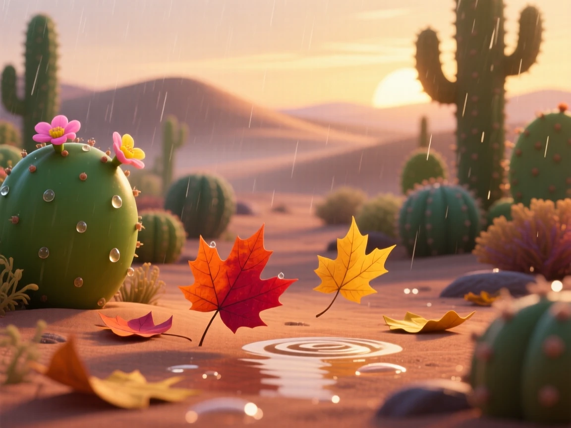 A desert dotted with cacti glows while a gentle rain begins to fall, with fallen leaves drifting slowly on the breeze. A calming stillness settles over the landscape.