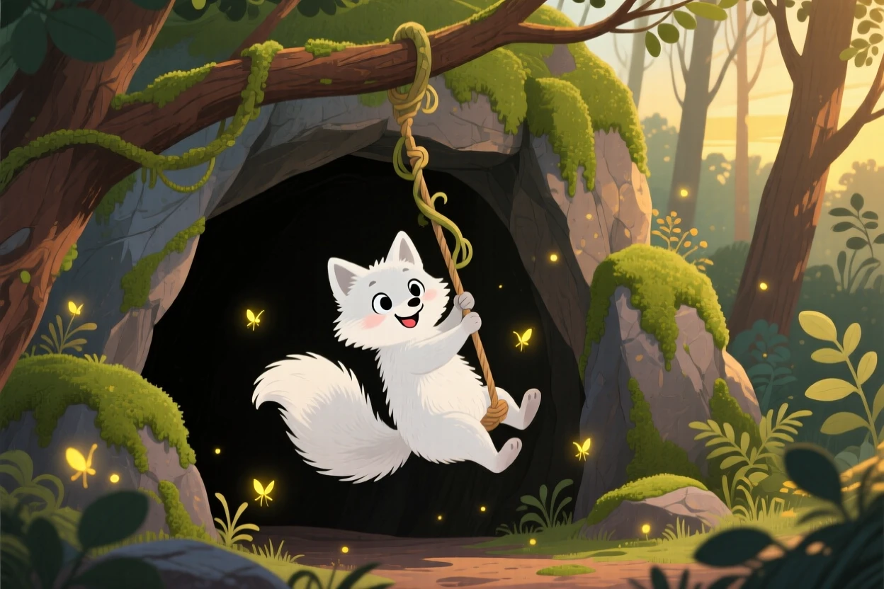 In the mouth of a mossy cave, a fluffy arctic fox spends the afternoon swinging from a vine, while fireflies begin to glow.