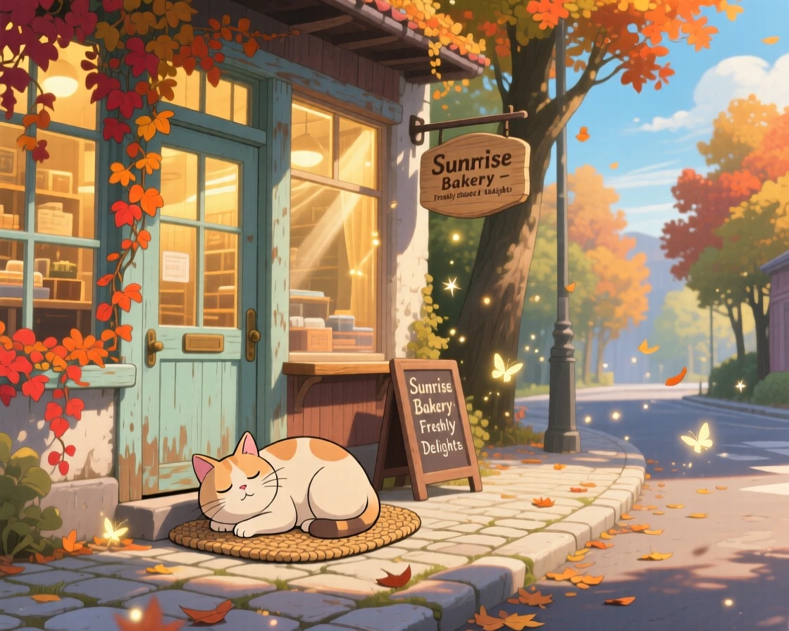 A bakery on a quiet corner with its door propped open, with a cat dozing on a warm doorstep, on a crisp autumn morning.