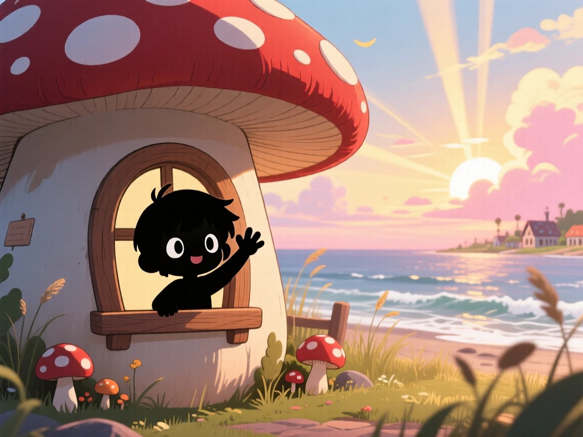 In a whimsical fungal village, a small child is waving from a window of a mushroom-shaped cottage on a breezy coastal afternoon, bathed in rays of sunrise breaking through clouds, expression full of triumphant pride. Shot as a silhouette composition.