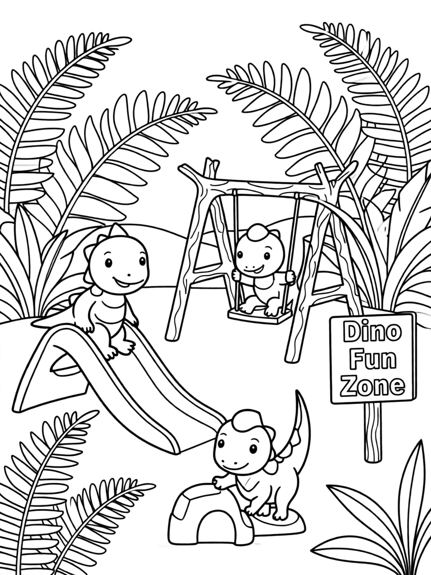 A dinosaur playground with baby dinosaurs playing among ferns