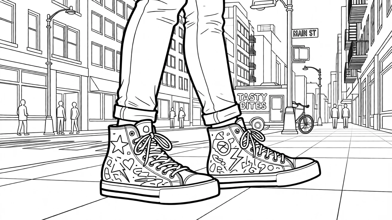 A pair of high-top sneakers with custom doodle designs, worn while walking down a busy city street.