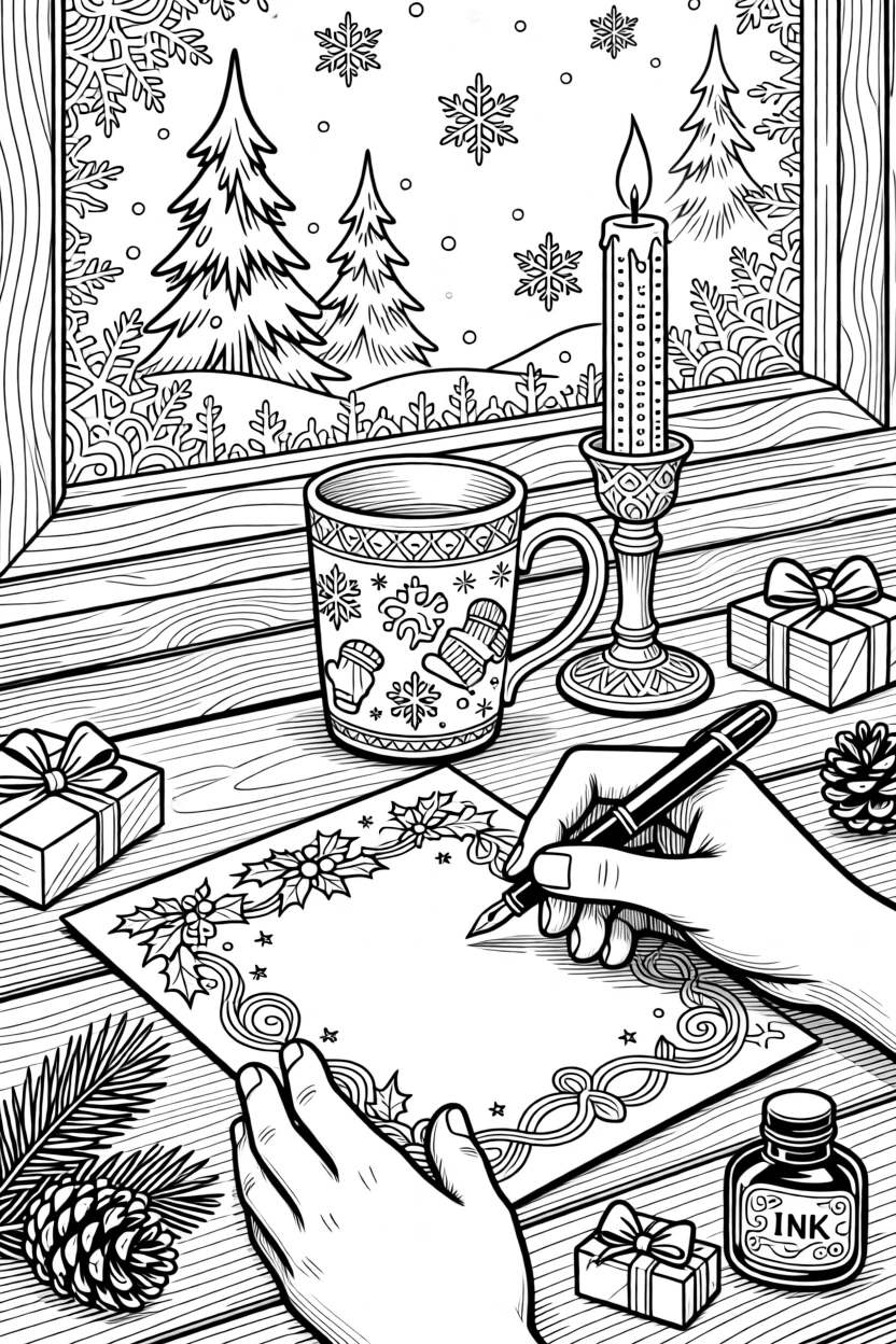 A winter holiday card-writing scene beside a warm mug and candle.