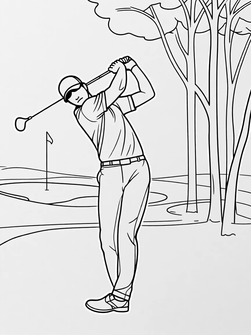 A golfer mid-swing on a scenic fairway