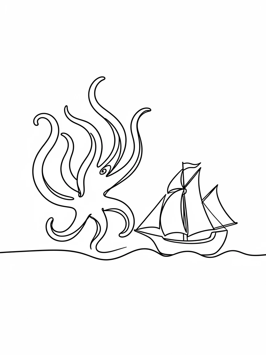 A kraken rising from the depths beside a lone sailing ship
