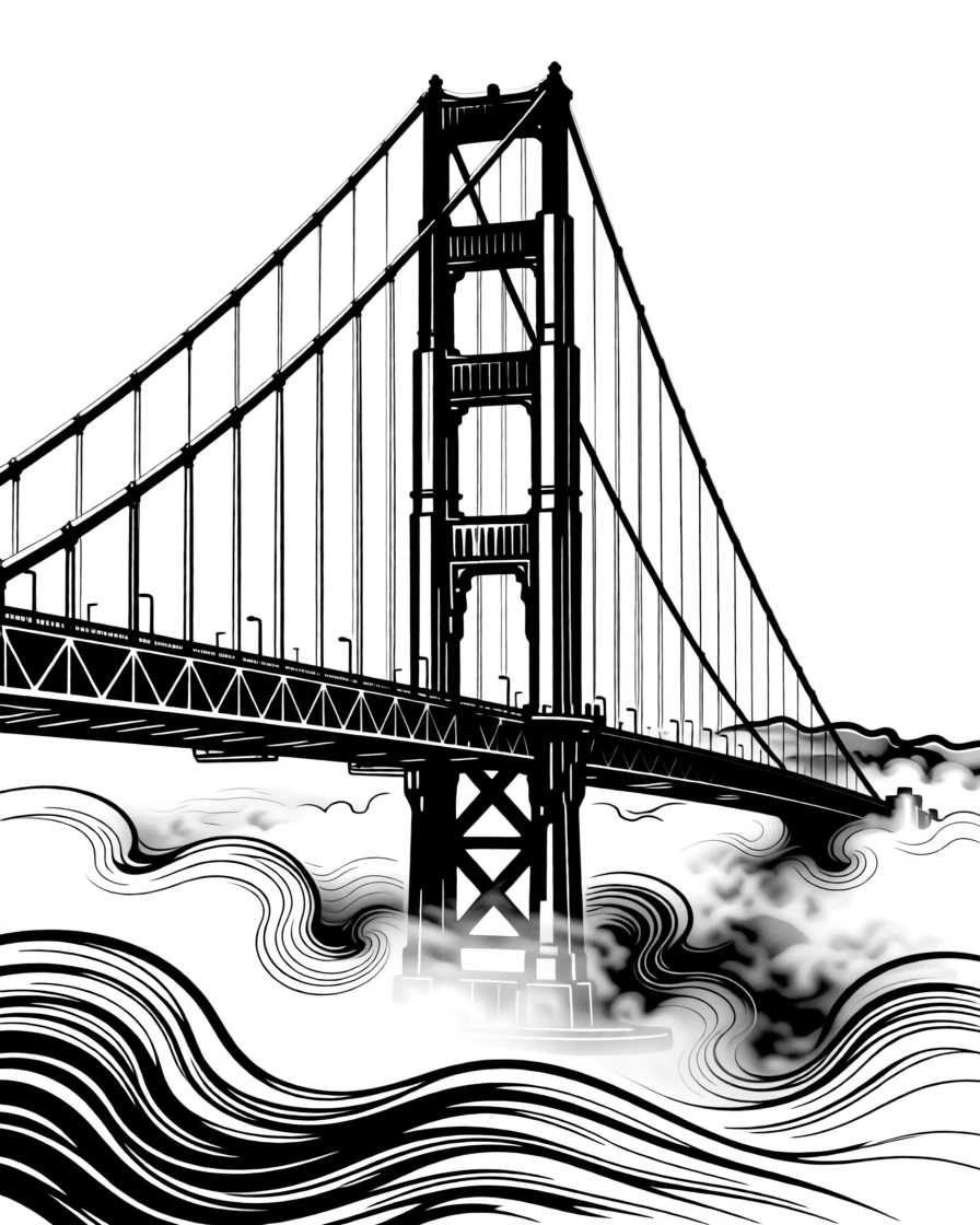 The Golden Gate Bridge emerging from a bank of rolling fog.