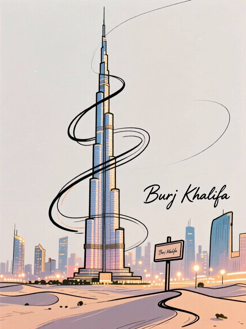 The Burj Khalifa rising above a glittering desert city skyline.