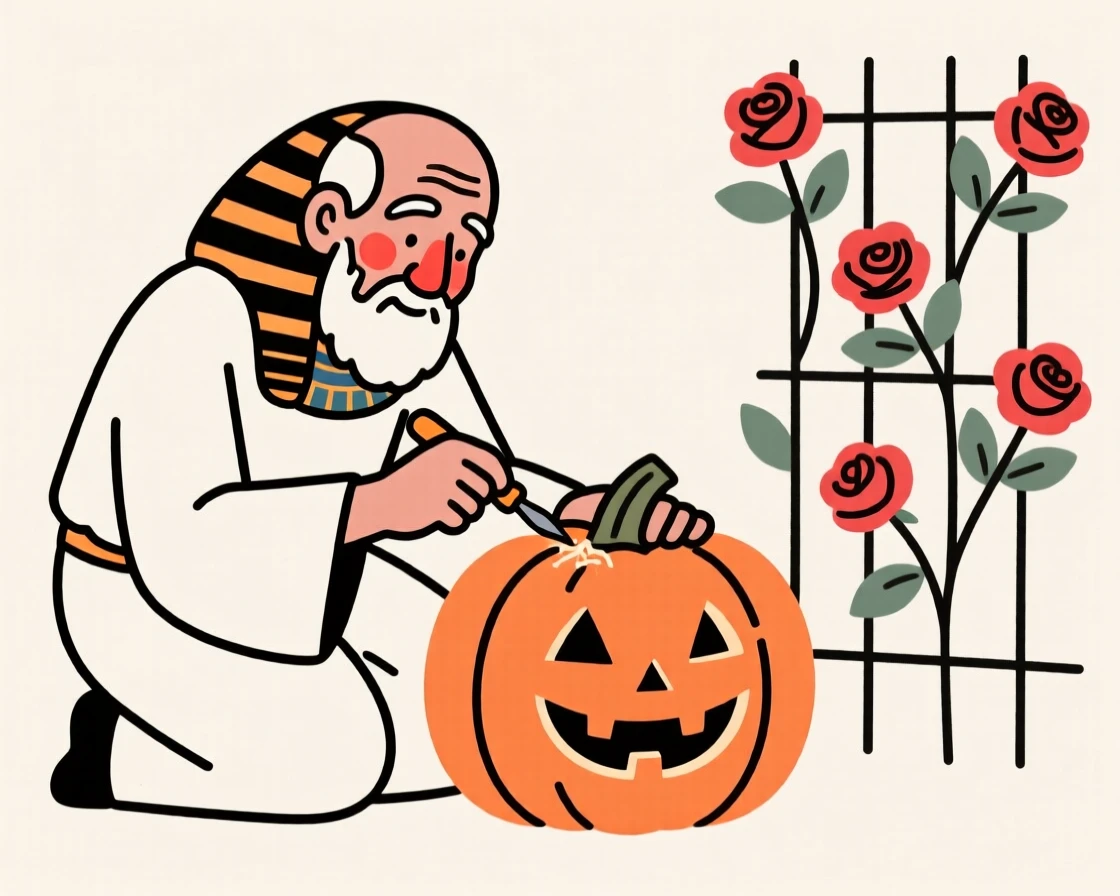 An elderly man of Egyptian heritage carving a pumpkin for Halloween, beside a blooming rose trellis.