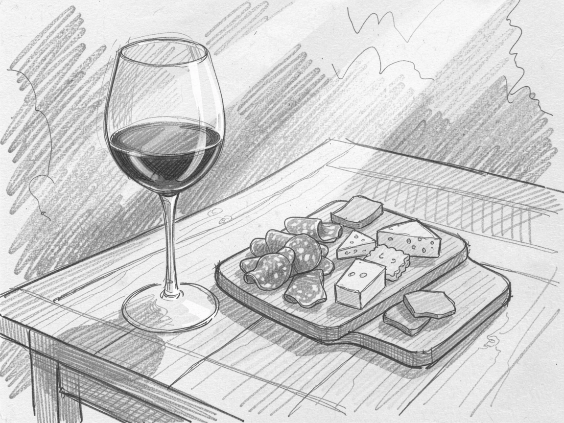 An appetizing still life of a glass of red wine beside a charcuterie board on an outdoor garden table, with morning light streaming across the scene.