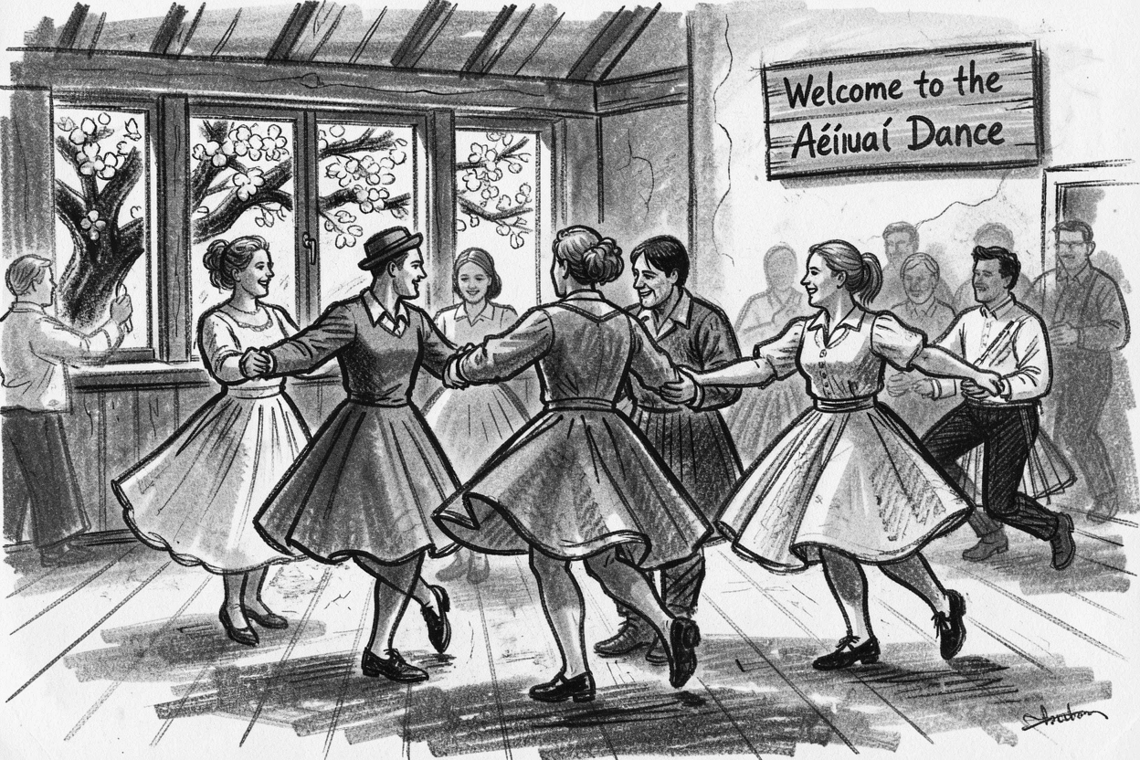 A traditional Irish céilí dance in a village hall, beneath blossoming trees in full bloom.