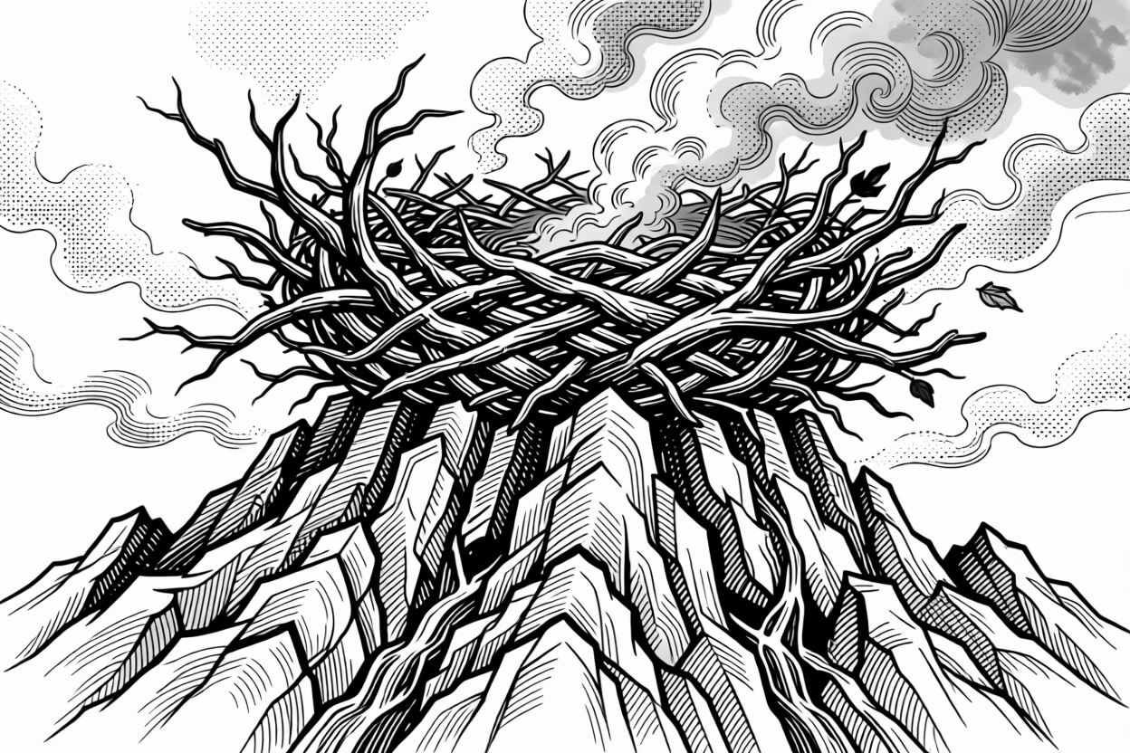 A giant phoenix nest built high atop a volcanic mountain peak.
